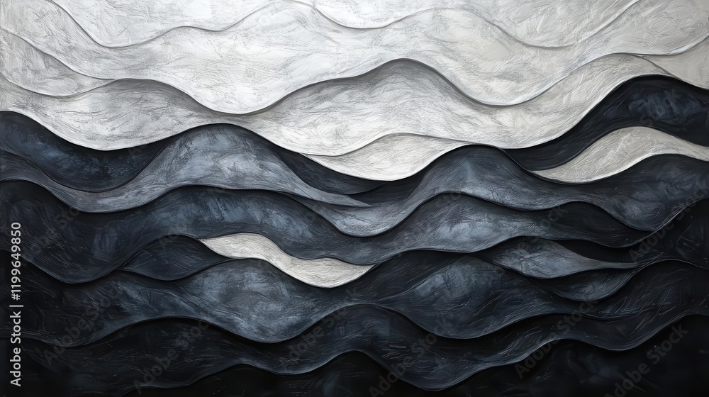 Poster organic flowing pattern of granular texture transitioning from bright silver to deep charcoal, creat