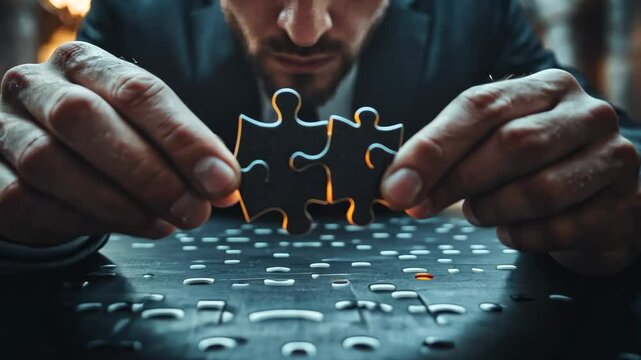 Businessman Connecting Puzzle Pieces, solution, strategy, problem solving, teamwork, collaboration