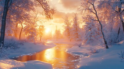 Naklejka premium Winter sunset reflection over a frozen stream serene nature landscape