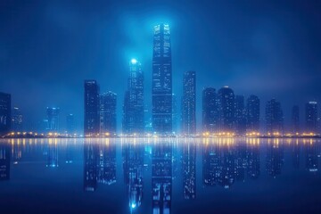 Fototapeta premium modern cityscape of illuminated skyscrapers reflecting in still water, deep blue night sky, architectural masterpiece, long exposure