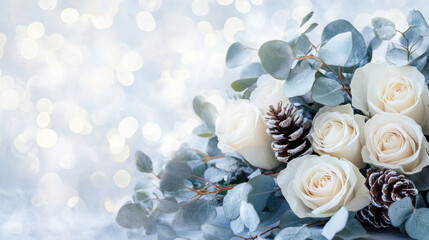Beautiful white roses and eucalyptus with pine cones create serene bouquet