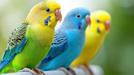 Colorful parakeets perched outdoors, blurred green background.