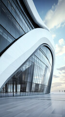 Futuristic building with curved glass facade reflecting modern architectural design and innovative construction techniques