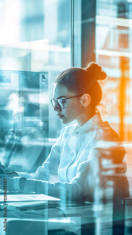Poster businesswoman analyzing graphs and reports through a cutting-edge interface in a modern office, show