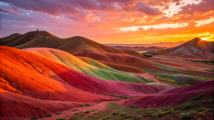 Naklejka premium colorful textures forming a surreal landscape with rolling hills of bright orange, magenta, and emerald green blending seamlessly into a radiant sunset sky