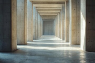 modern concrete pillars with geometric patterns, morning light casting dramatic shadows, industrial minimalist composition with strong vertical lines