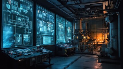 Darkened power plant room with holographic defense screens protecting machinery.