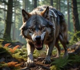 a wolf-like creature with razor-sharp claws and teeth in the forest floor, animal, forest life, teeth