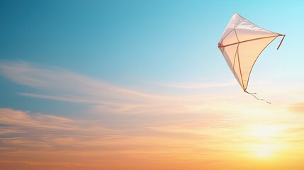 a whimsical kite flying into the top-right corner of a soft pastel sunset gradient, leaving the lower half clear