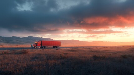 Fototapeta premium Red Truck on Open Road at Sunset