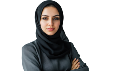 Confident woman in a black hijab and gray blazer, arms crossed, expressing determination and professionalism, isolated on a white background.