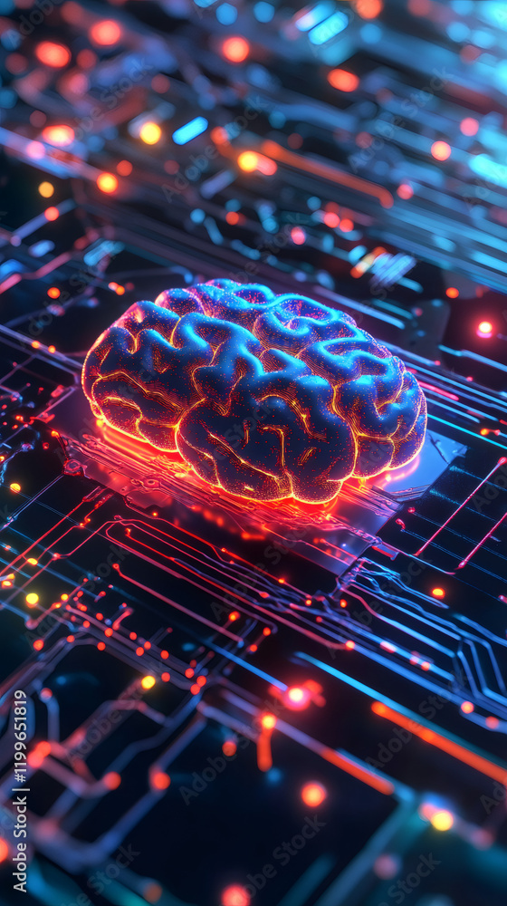 Aufkleber Glowing AI brain illuminating complex motherboard, representing advanced machine learning and technological innovation