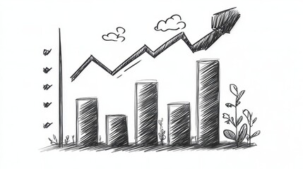 A hand-drawn bar chart, casual business theme, doodle style, black and white, isolated on white background 