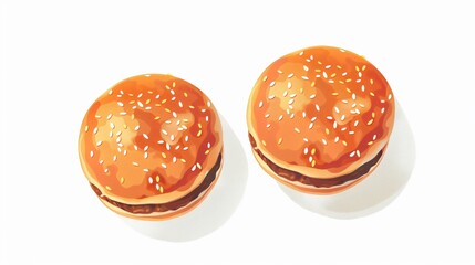 Fresh Hamburger Buns on White Background - Top View Cartoon Style