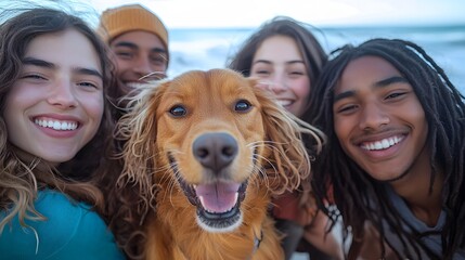 Closeup of a cheerful dog wagging its tail while surrounded by a group of smiling family members...