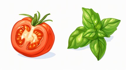 Vibrant Fresh Tomato and Basil Leaves on White Background