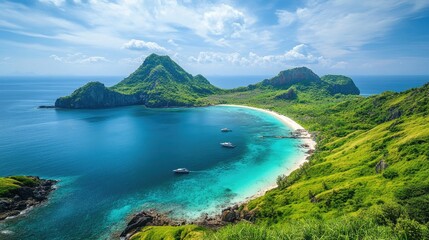 Tropical Island Cove Boats Turquoise Water Lush Green Hills
