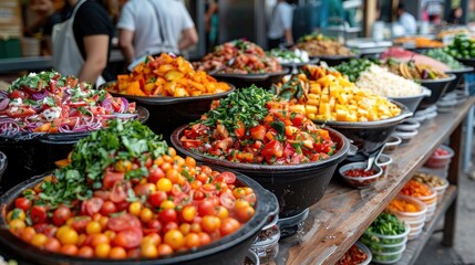 Obraz premium Colorful street food dishes displayed at a vibrant market