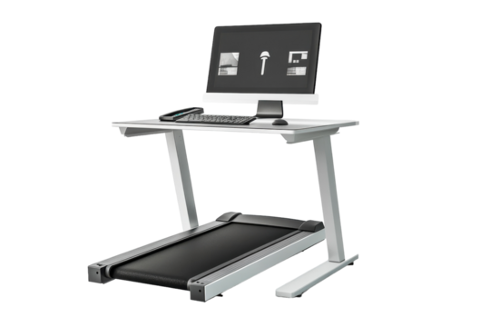 Treadmill desk setup for efficient workspace with computer and keyboard in a modern design isolated on transparent background