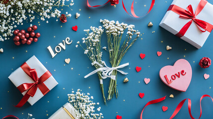 Obraz premium Festive Valentine's Day background with vibrant colors and love motifs, featuring heart-shaped gift boxes, floral arrangements, red ribbons, and 