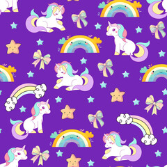 seamless pattern with cartoon cute rainbow unicorn, rainbow stars and clouds, rainbow stars. illustration