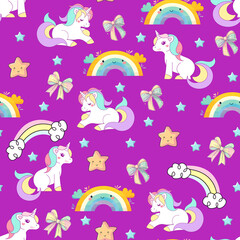 seamless pattern with cartoon cute rainbow unicorn, rainbow stars and clouds, rainbow stars. illustration