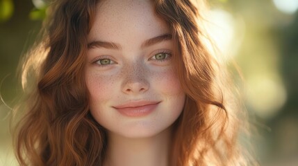 Fototapeta premium young girl with wavy chestnut hair and sparkling green eyes, wearing a gentle smile that radiates warmth and kindness, against a softly blurred background