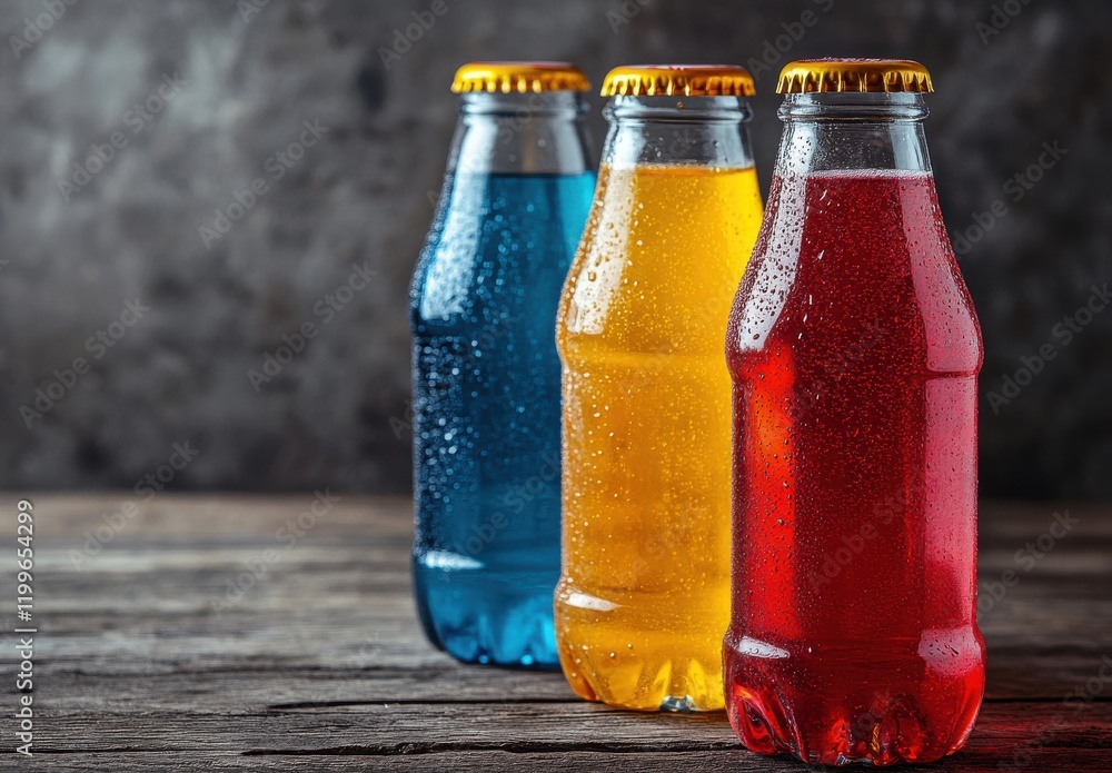 Poster a close-up view of three colorful bottles filled with refreshing soft drinks on a rustic wooden surf