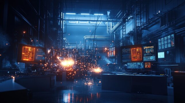 Power plant in darkness, with sparks and glowing screens signaling a cyber intrusion.