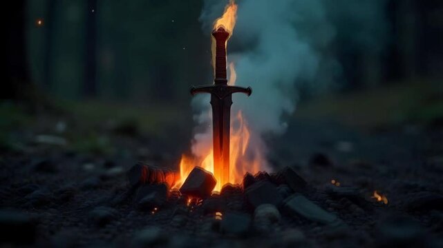 Flaming sword in charred earth, symbolizing destruction and chaos of war