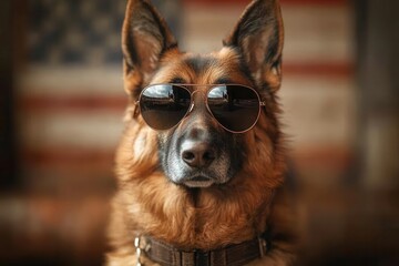 Obraz premium modern german shepherd portrait wearing mirrored aviator sunglasses, dramatic lighting, american flag bokeh background, ultra-high detail photography