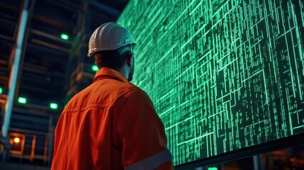 Industrial worker facing a massive screen of green code, alarms blinking around him.