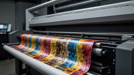 Large format printing machine produces high quality prints. Colorful images printed on sheets of paper. Commercial printing equipment works in printing shop. Modern technology used for high volume