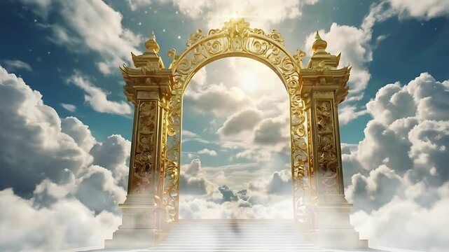 The golden gate of heaven is above the magnificent and sparkling clouds. Seamless 4K looping timelapse video animation background