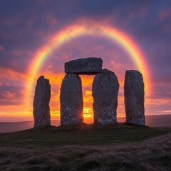 Stonehenge sunset, rainbow arc, vibrant sky.