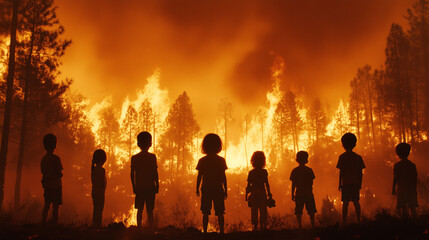 Fototapeta premium Silhouetted group of children stands in front of a blazing forest fire, highlighting danger, fear, and environmental destruction.