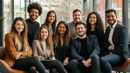 Multicultural businesspeople working in an office lobby. Group of happy businesspeople smiling while sitting together in a co-working space. Young entrepreneurs collaborating on a new project