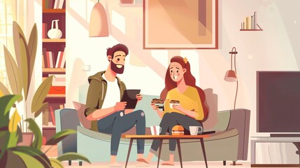 Joyful Couple Enjoying Snacks, Pretending Picnic Home Setting