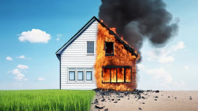 Half Burnt House - A house divided, half intact, half engulfed in flames. Symbolizing destruction, loss, resilience, rebirth, and contrast.