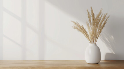 Scandinavian Ceramic Vase with Dry Grass on Wooden Table in Minimalist Interior Design