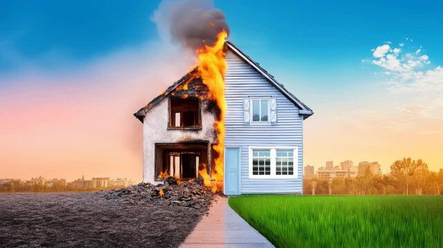Before and After Fire Damage House - A split image showing a house before and after a devastating fire, symbolizing loss, resilience, insurance, rebuilding, and renewal.