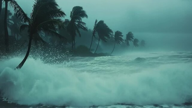Hurricane Waves Crashing on Tropical Shore, storm, ocean, sea, beach, coast