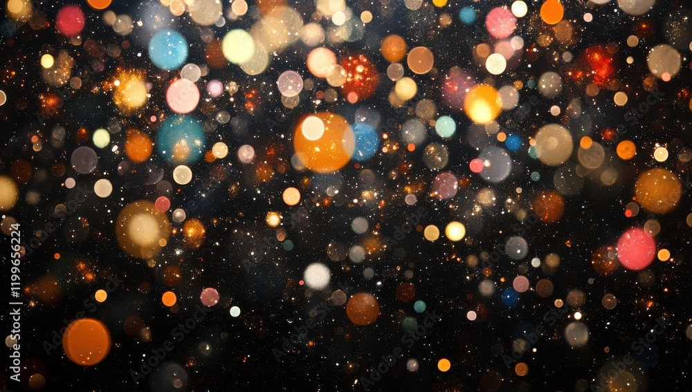 Poster abstract background with colorful bokeh lights and glitter on dark backdrop for use in digital art, 