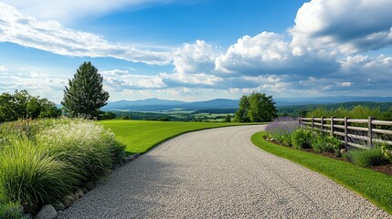 A horseshoeshaped gravel driveway surrounded by native plants and framed by rustic wooden fencing