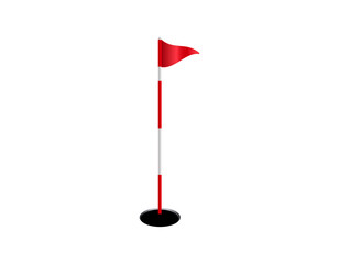 A standing red flag on a pole marking the position of a hole on a golf course.