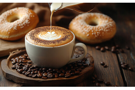 Cozy cafe setting with latte art and fresh bagels on a wooden table