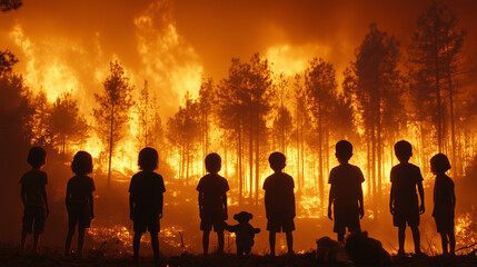 Fototapeta premium Silhouetted group of children stands in front of a blazing forest fire, highlighting danger, fear, and environmental destruction.