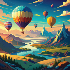 Obraz premium Colorful Hot Air Balloons over a Majestic Mountain Valley