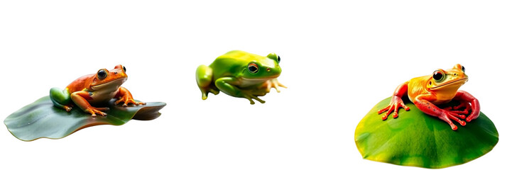 Obraz premium Set of a color frog rests on a lily pad, Warm with stormy skies, reds, oranges, and yellows isolated on transparent background