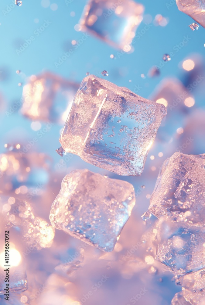 Aufkleber abstract composition of floating ice cubes with reflections and light glimmers in a dreamy blue back